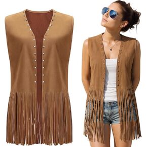 Hercicy Fringe Vest for Women 70s Hippie Western Cowgirl Vest Faux Suede Rivets Sleeveless Tassel Leather Vests Jacket in Kuwait