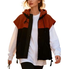 Womens Sherpa Hooded Vest Cozy Color-Block Sleeveless Jacket with Adjustable Drawstring Hem in Saudi Arabia