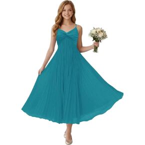 Chiffon Junior Bridesmaid Dresses for Teen Girls Pleated V Neck Flower Girl Dresses for Wedding Guest Holiday Gown in Saudi Arabia