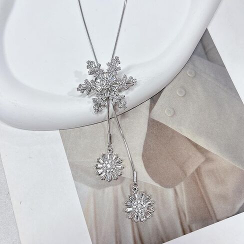 Elegant Rotating Snowflake Crystal Long Chain Lariat Y Necklace for Women Delicate Shiny CZ Winter Flowers Drop Statement Pendant Adjustable Necklaces Dainty Sweater Christmas Jewelry Gift for Her 33'' in Saudi Arabia