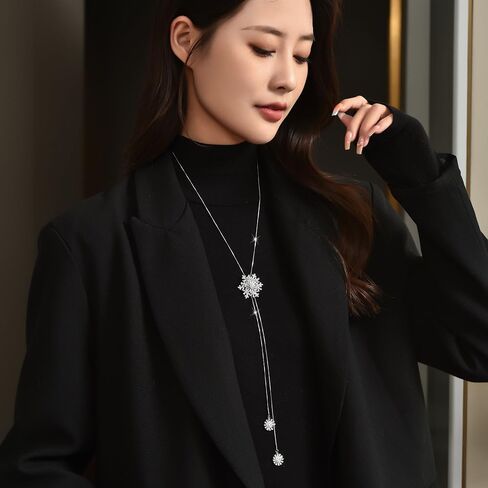 Elegant Rotating Snowflake Crystal Long Chain Lariat Y Necklace for Women Delicate Shiny CZ Winter Flowers Drop Statement Pendant Adjustable Necklaces Dainty Sweater Christmas Jewelry Gift for Her 33'' in Saudi Arabia