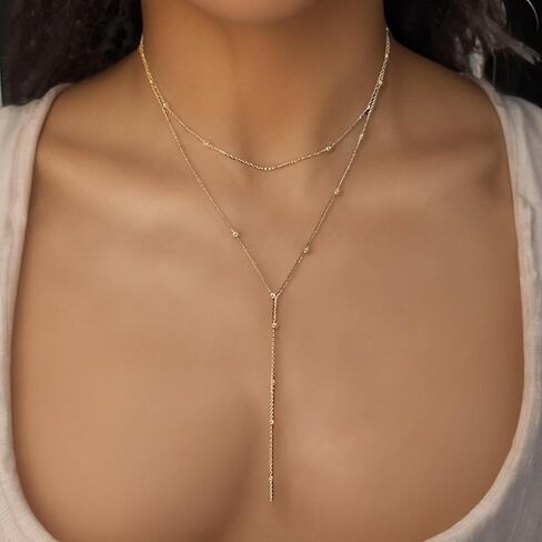 Y-Shaped Layered Necklace for Women – Gold-Tone Beaded Chain Drop Pendant, Hypoallergenic Valentine & Mother’s Day Jewelry Gift in Saudi Arabia