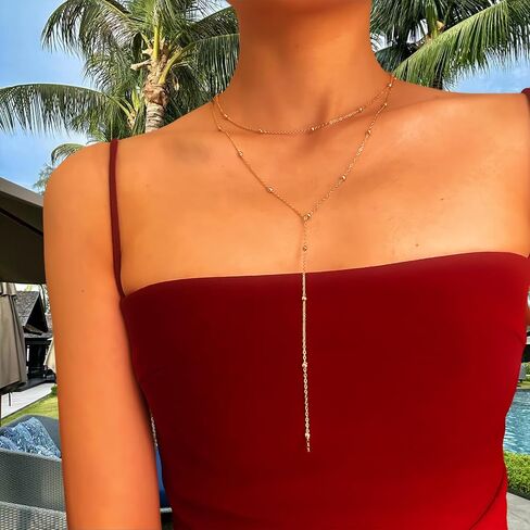Y-Shaped Layered Necklace for Women – Gold-Tone Beaded Chain Drop Pendant, Hypoallergenic Valentine & Mother’s Day Jewelry Gift in Saudi Arabia