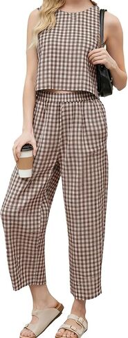 طقم نسائي من القطن مكون من قطعتين، سروال صيفي قصير بأرجل واسعة لقضاء إجازة على الشاطئ والسفر in Kuwait