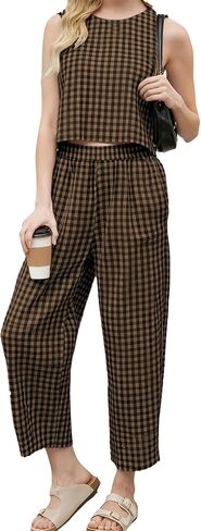 Women's Cotton Checker 2 Piece Set, Summer Wide Leg Crop Pants Outfit for Beach Vacation & Travel in Saudi Arabia