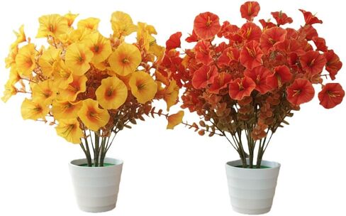 6 Stems Silk Morning Glory Artificial Flowers Kit with 2 Pots, 14.5" Tall Indoor Fake Flowers for Home Office Desk Decoration in Saudi Arabia