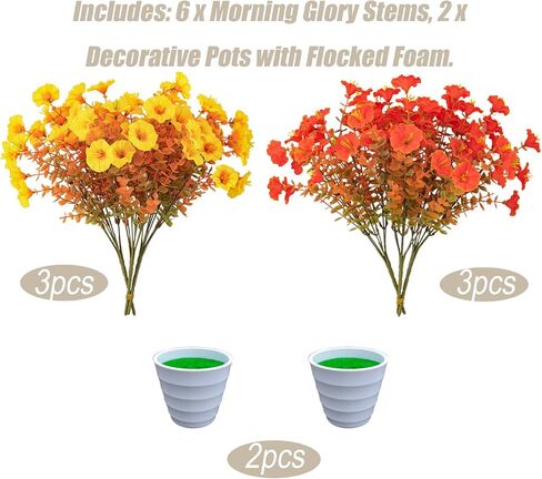 6 Stems Silk Morning Glory Artificial Flowers Kit with 2 Pots, 14.5" Tall Indoor Fake Flowers for Home Office Desk Decoration in Saudi Arabia