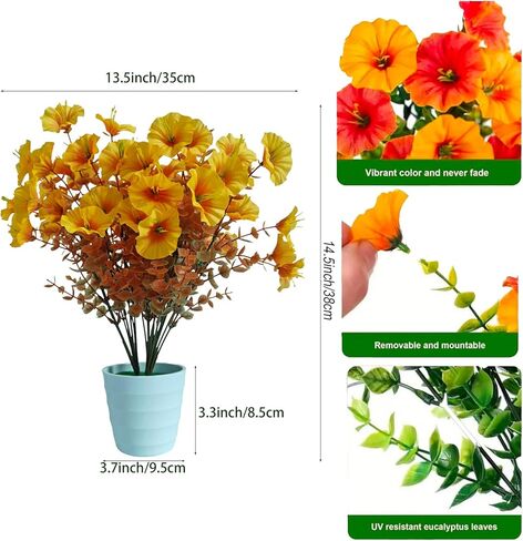 6 Stems Silk Morning Glory Artificial Flowers Kit with 2 Pots, 14.5" Tall Indoor Fake Flowers for Home Office Desk Decoration in Saudi Arabia