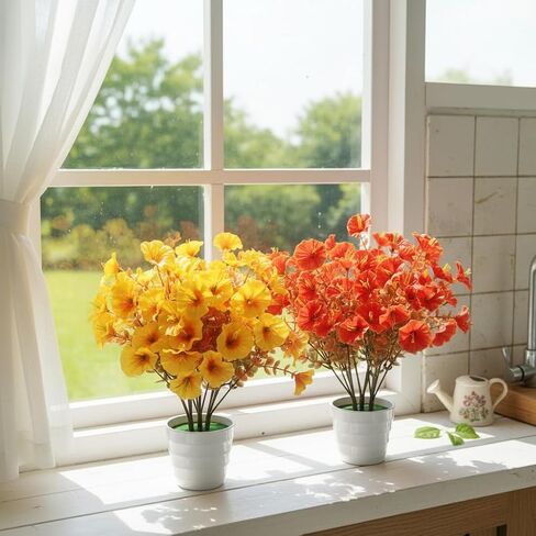 6 Stems Silk Morning Glory Artificial Flowers Kit with 2 Pots, 14.5" Tall Indoor Fake Flowers for Home Office Desk Decoration in Saudi Arabia