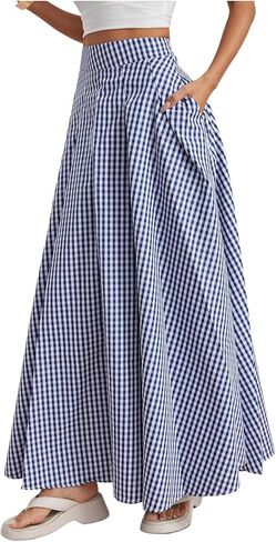MakeMeChic Women's Gingham Maxi Skirt High Waist Flowy Loose Fit Y2k Long Skirts with Pocket in Saudi Arabia