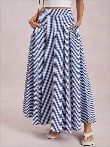 MakeMeChic Women's Gingham Maxi Skirt High Waist Flowy Loose Fit Y2k Long Skirts with Pocket in Saudi Arabia