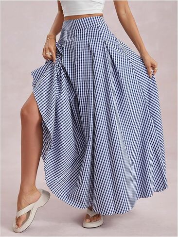 MakeMeChic Women's Gingham Maxi Skirt High Waist Flowy Loose Fit Y2k Long Skirts with Pocket in Saudi Arabia