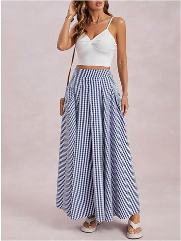 MakeMeChic Women's Gingham Maxi Skirt High Waist Flowy Loose Fit Y2k Long Skirts with Pocket in Saudi Arabia
