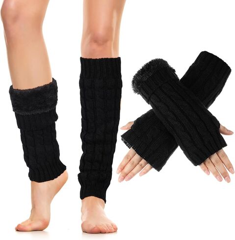Winter Fleece Lined Leg Warmers and Arm Warmers Set for Women Knit Long Boot Socks with Matching Fingerless Gloves Thumbhole Mittens for Cold Weather Skating Daily Wear in Saudi Arabia