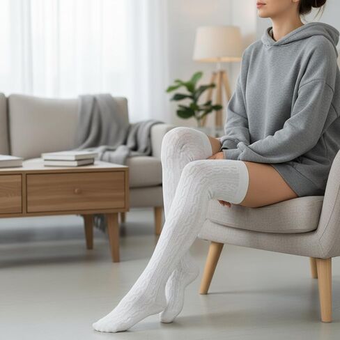 جوارب نسائية عالية الفخذ متماسكة، جوارب طويلة متماسكة فوق الركبة، جوارب طويلة للركبة، جوارب تدفئة الساق، جوارب شتوية طويلة جدًا محبوكة الفخذ السميك، أبيض in Kuwait