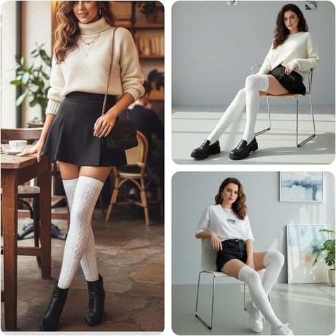 جوارب نسائية عالية الفخذ متماسكة، جوارب طويلة متماسكة فوق الركبة، جوارب طويلة للركبة، جوارب تدفئة الساق، جوارب شتوية طويلة جدًا محبوكة الفخذ السميك، أبيض in Kuwait