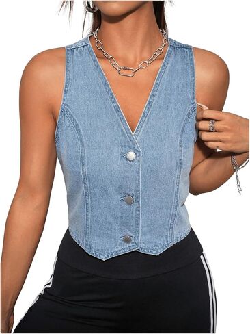 OYOANGLE Women's Button Down Denim Waistcoat Y2k V Neck Sleeveless Cropped Jean Vest Tops in Saudi Arabia