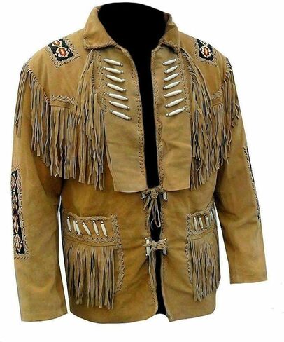Western Style Suede Leather Jacket, Black with Brown Fringe Trim, Native American Inspired Design, Decorative Beading in Saudi Arabia