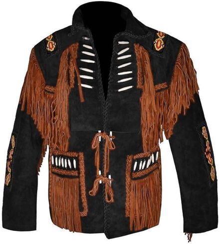 Western Style Suede Leather Jacket, Black with Brown Fringe Trim, Native American Inspired Design, Decorative Beading in Saudi Arabia