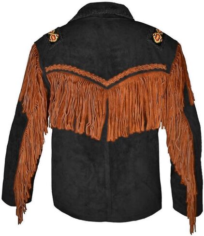 Western Style Suede Leather Jacket, Black with Brown Fringe Trim, Native American Inspired Design, Decorative Beading in Saudi Arabia