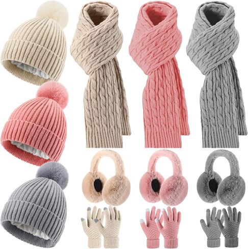 12 Pcs Winter Hat Gloves Scarf Earmuff Set Beanie Pompom Fleece Lining Hat Touch Screen Gloves Knitted Scarf in Saudi Arabia