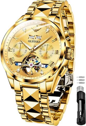 OUPINKE Gold Men Automatic Mechanical Wrist Watches Luxury Dress Tungsten Steel Luminous Waterproof Sapphire Diamond Calendar Best Gifts Men in Saudi Arabia