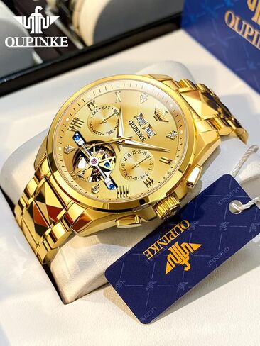 OUPINKE Gold Men Automatic Mechanical Wrist Watches Luxury Dress Tungsten Steel Luminous Waterproof Sapphire Diamond Calendar Best Gifts Men in Saudi Arabia