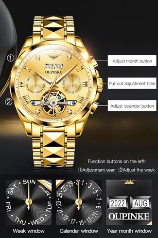 OUPINKE Gold Men Automatic Mechanical Wrist Watches Luxury Dress Tungsten Steel Luminous Waterproof Sapphire Diamond Calendar Best Gifts Men in Saudi Arabia