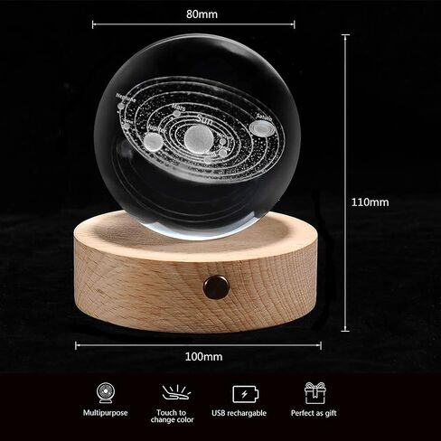 3D Solar System Crystal Ball with Wood Base, Engraved Universe Planet Sphere, Kid Education Decorative Glass Ball, Decor Creative Gift in Saudi Arabia