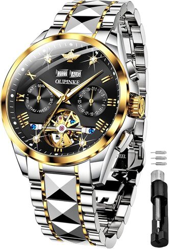 OUPINKE Gold Men Automatic Mechanical Wrist Watches Luxury Dress Tungsten Steel Luminous Waterproof Sapphire Diamond Calendar Best Gifts Men in Saudi Arabia