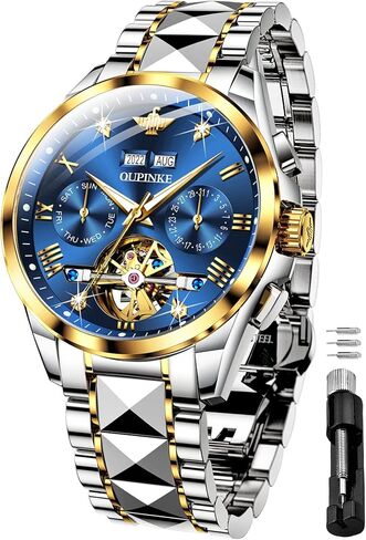 OUPINKE Gold Men Automatic Mechanical Wrist Watches Luxury Dress Tungsten Steel Luminous Waterproof Sapphire Diamond Calendar Best Gifts Men in Saudi Arabia