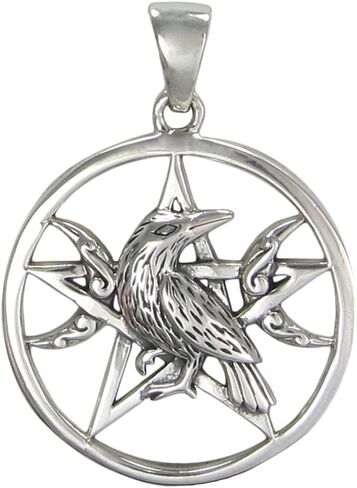 قلادة Moonlight Mysteries Raven Pentacle - مجوهرات من الفضة الإسترليني Moon Crow Wiccan Pentagram (قطر 1 1/8 بوصة) in Saudi Arabia