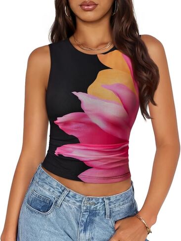 ZESICA Women's 2026 Summer Sleeveless Floral Tank Tops Mesh Y2K Crop Going Out Outfits Beach Vacation Trendy Clothes in Saudi Arabia