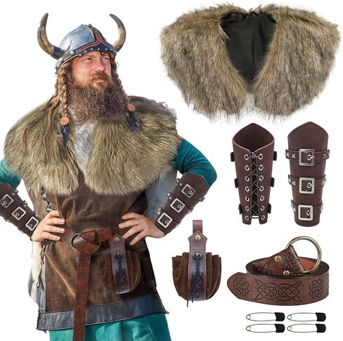 5PCS Viking Costume Men Medieval Renaissance Accessories Faux Fur Viking Collar Shawl Bracers Belt Bag Pouch for Halloween Renaissance Cosplay LARP Ren Faire in Kuwait