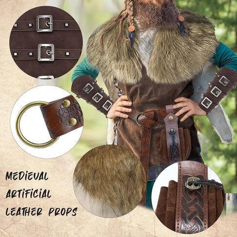 5PCS Viking Costume Men Medieval Renaissance Accessories Faux Fur Viking Collar Shawl Bracers Belt Bag Pouch for Halloween Renaissance Cosplay LARP Ren Faire in Kuwait