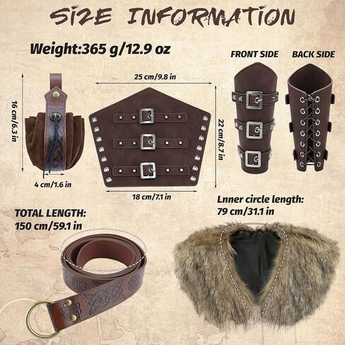 5PCS Viking Costume Men Medieval Renaissance Accessories Faux Fur Viking Collar Shawl Bracers Belt Bag Pouch for Halloween Renaissance Cosplay LARP Ren Faire in Kuwait