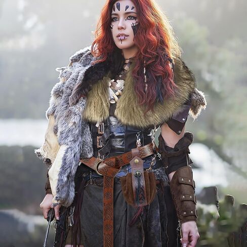 5PCS Viking Costume Men Medieval Renaissance Accessories Faux Fur Viking Collar Shawl Bracers Belt Bag Pouch for Halloween Renaissance Cosplay LARP Ren Faire in Kuwait