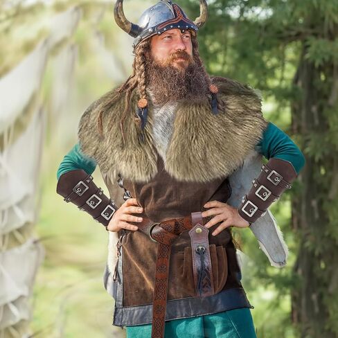 5PCS Viking Costume Men Medieval Renaissance Accessories Faux Fur Viking Collar Shawl Bracers Belt Bag Pouch for Halloween Renaissance Cosplay LARP Ren Faire in Kuwait