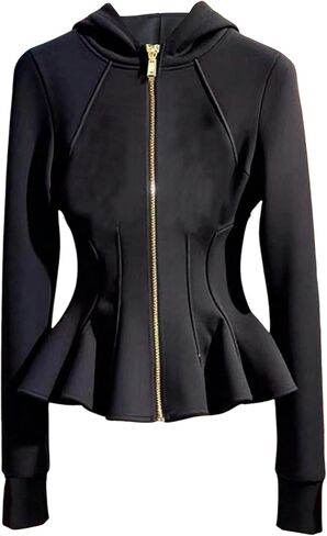 WDIRARA Women's Zip Up Hoodie Sweatshirts Ruffle Hem Cinched Waist Jackets in Saudi Arabia