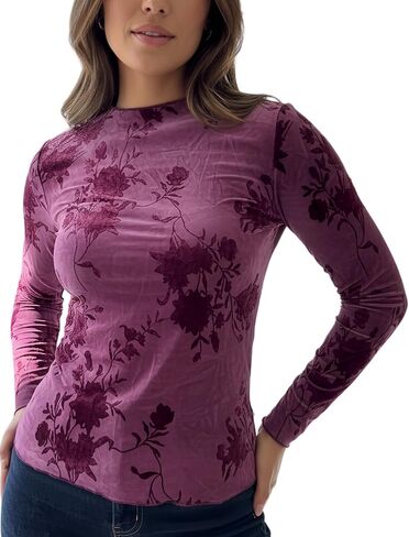Women's Velvet Burnout Top Slim Fit Long Sleeve Blouse Mock Neck Party Evening Floral Elegant Shirts in Saudi Arabia