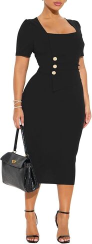 فساتين العمل للنساء أنيقة قصيرة الأكمام غمد مكتب الأعمال كوكتيل Ruched Bodycon فستان متوسط ​​الطول in Saudi Arabia