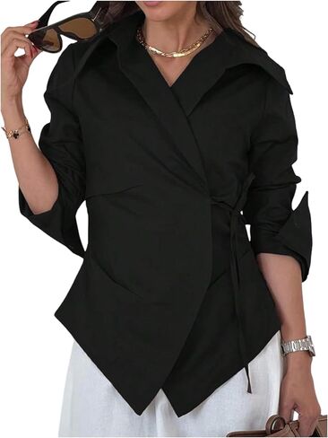 GORGLITTER Women's Wrap Blouses Dressy Casual Tie Side Long Sleeve Shirts Asymmetrical Business Office Work Outfits in Saudi Arabia