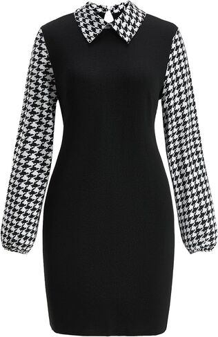 Women's Houndstooth Lantern Long Sleeve Shift Dress Elegant Collared Work Office Short Dresses in Saudi Arabia