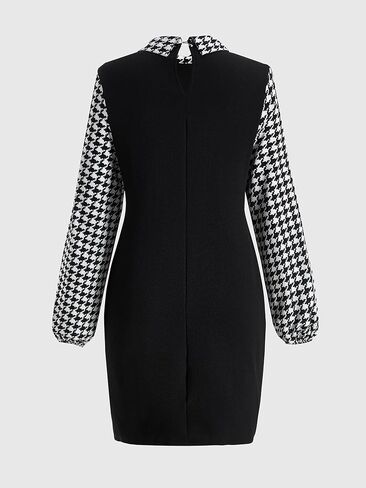 Women's Houndstooth Lantern Long Sleeve Shift Dress Elegant Collared Work Office Short Dresses in Saudi Arabia