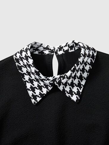 Women's Houndstooth Lantern Long Sleeve Shift Dress Elegant Collared Work Office Short Dresses in Saudi Arabia