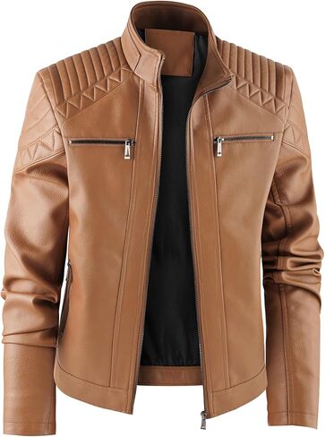 Men's Leather Jacket, Stand Collar PU Faux Leather, Zip-Up Motorcycle Bomber Jacket, Slim Fit Biker Coat in Saudi Arabia