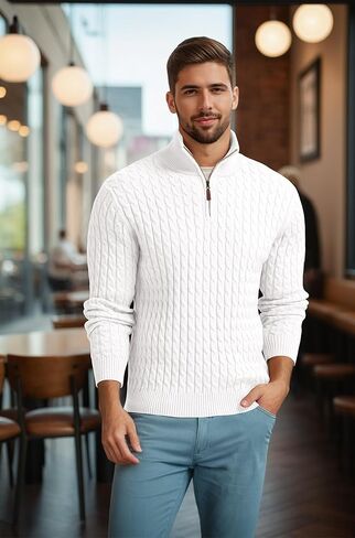 Askdeer Men's Quarter Zip Sweater Cable Knit Mock Neck Pullover Sweater Classic Casual Pullover with Ribbing Edge in Saudi Arabia