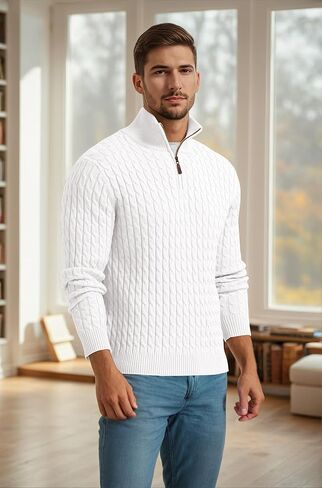 Askdeer Men's Quarter Zip Sweater Cable Knit Mock Neck Pullover Sweater Classic Casual Pullover with Ribbing Edge in Saudi Arabia