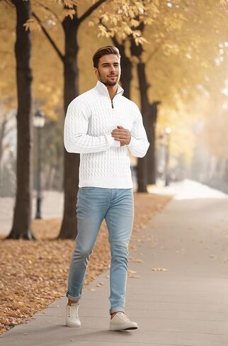 Askdeer Men's Quarter Zip Sweater Cable Knit Mock Neck Pullover Sweater Classic Casual Pullover with Ribbing Edge in Saudi Arabia