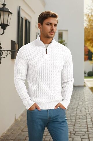 Askdeer Men's Quarter Zip Sweater Cable Knit Mock Neck Pullover Sweater Classic Casual Pullover with Ribbing Edge in Saudi Arabia